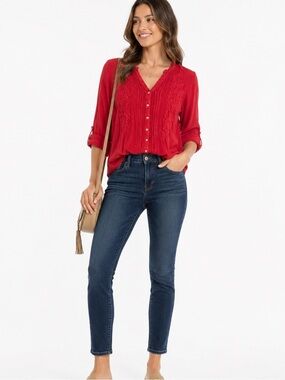 Tru Luxe Jeans Button-Up Hi-Lo Shirt Size S Red